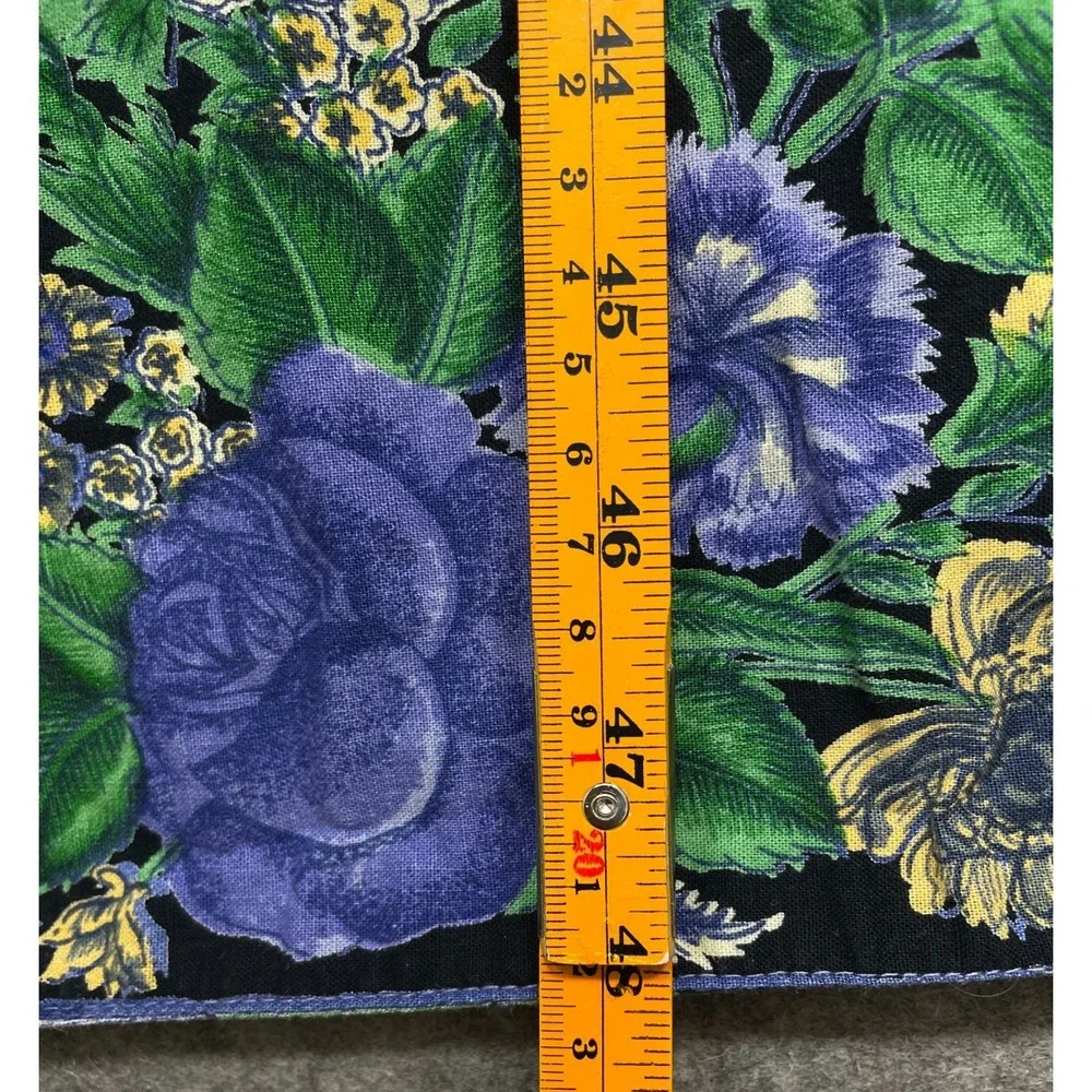 Vintage April Cornell Floral Tablecloth Black Purple Green 47x48